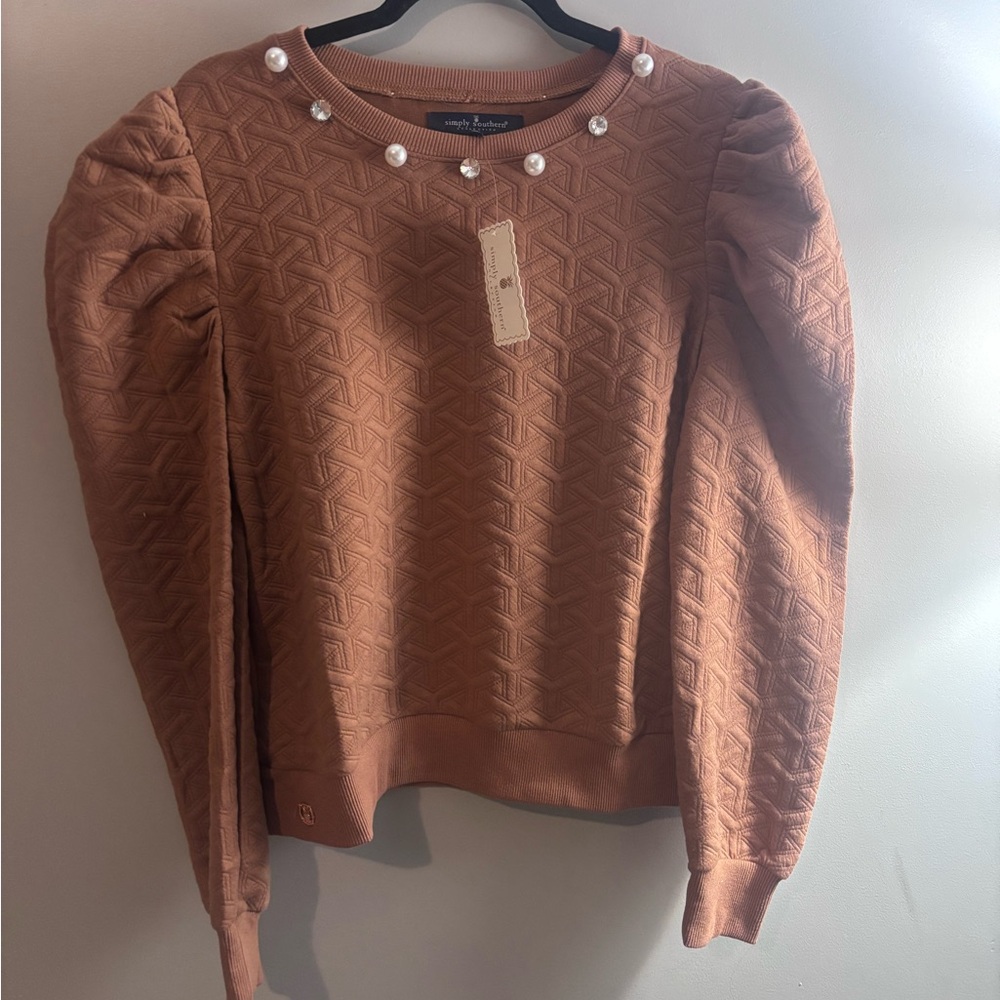 Simply southern Women's Brown Textured Top with Pearl Accents